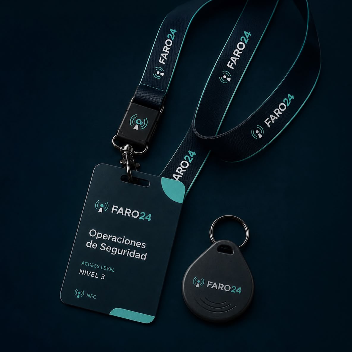 Kit de reconocimiento Faro24 con credencial, lanyard y llavero NFC.